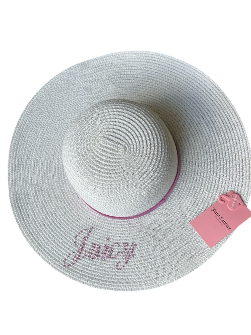Juicy Couture floppy white straw sun hat w pink sequin logo metallic band NEW